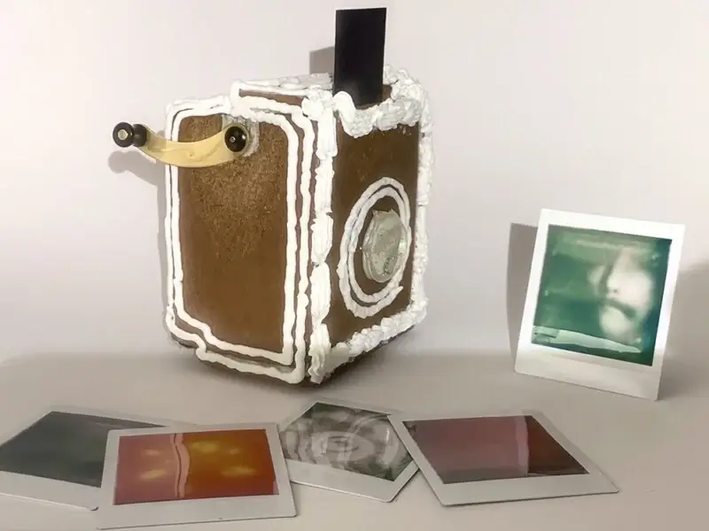 包覆著薑餅餅乾的可食用底片相機，可以拍攝和列印 instax 方形照片