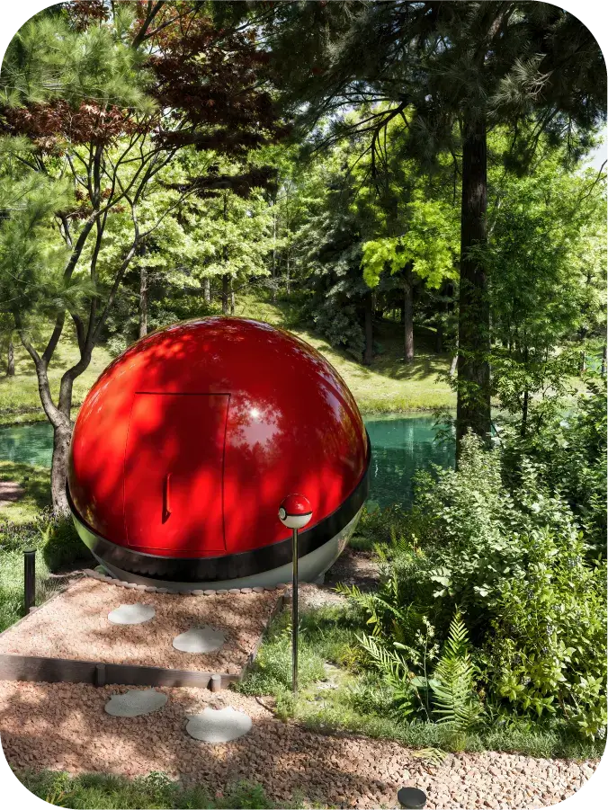 森林碎石小徑通往紅色精靈球小屋背面入口,旁邊有精靈球造型立燈的官方空間示意圖